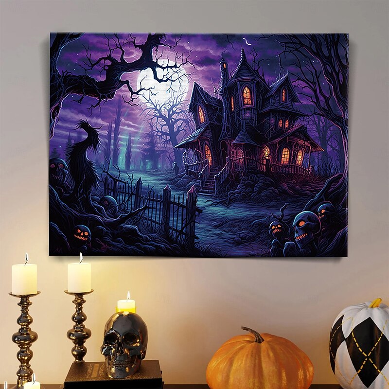 Halloween Haunted Mansion with Moonlight LED Canvas Wall Art - Battery Operated Lighted Wall Decor for 2025 Halloween home decoration light livingroom and bedroom2