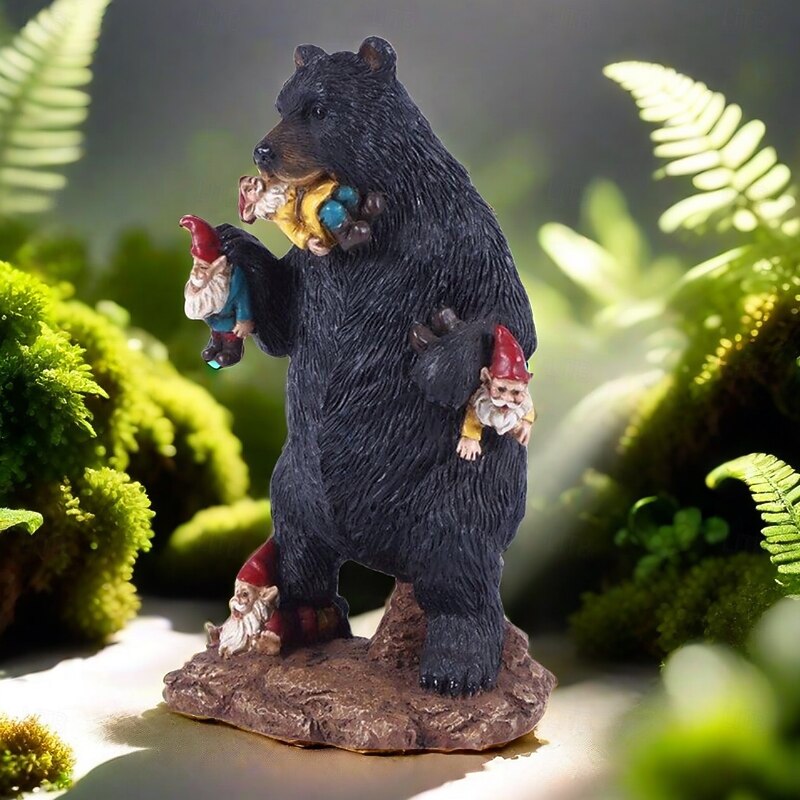 Garden Statue Naughty Black Bear Eating Dwarfs Resin Miniature Sculpture for Fairy Garden Decoration