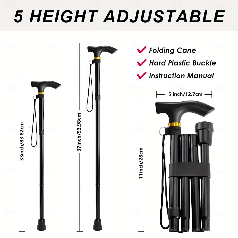 Adjustable Height Trekking Pole 1-Pack Folding Walking Stick Lightweight Aluminum Alloy Combination Lock Travel Hiking Aid for Men Women Elderly - Portable & Collapsible (Black)4