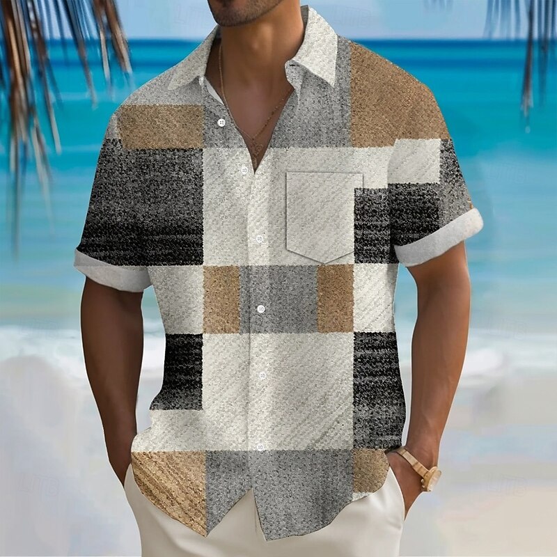 Men's Geometric Color Block Shirt Summer Shirt Button Up Shirt Short Sleeve Fashion Casual Vacation Holiday Streetwear Summer Turndown 3D Print Front One Pocket Linen Like Shirt Blue Khaki2