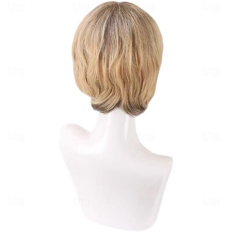 Mens Mix Blonde Wig Male Short Layered Cosplay Costume Party Natural Hair Wigs4