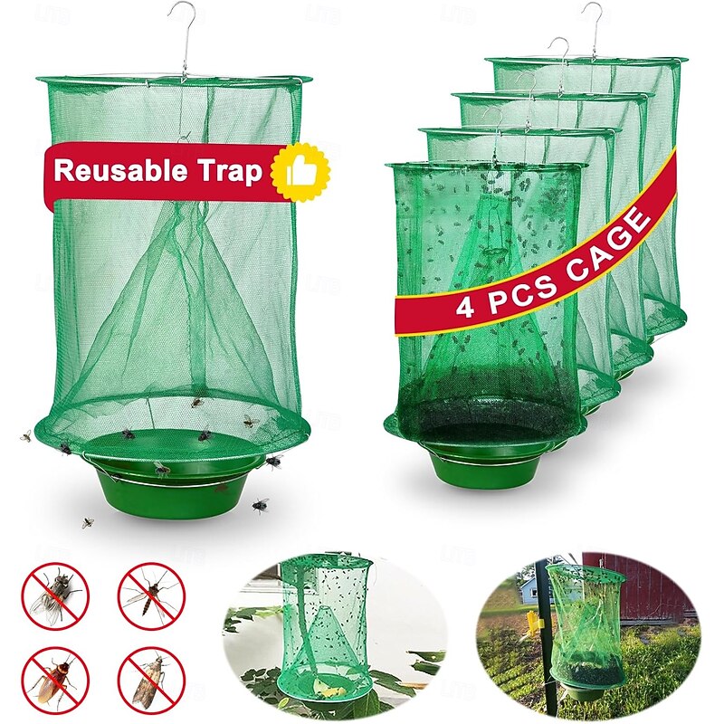 4 Pack Ranch Fly Traps Outdoor, Fly Traps Fly Catcher Hanging Cage for Indoor or Outdoor Farms, Park, Stable, Garden, Restaurants