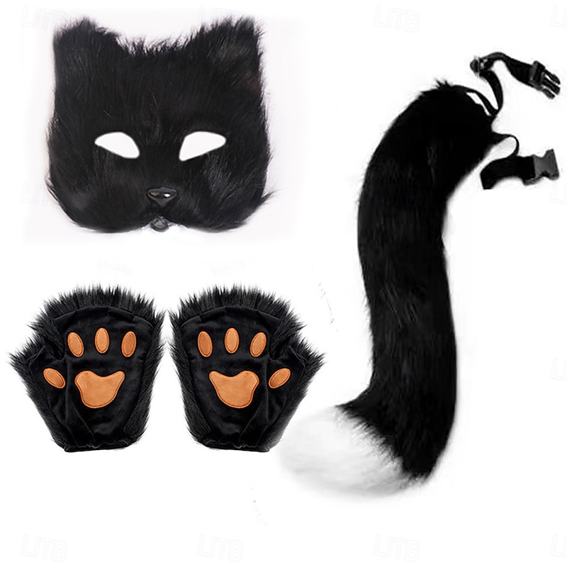 Realistic Fox Mask, Gloves, and Furry Tail Set – Halloween Cosplay Accessories, Fox Animal Costume for Party, Role Play, and Stage Performance