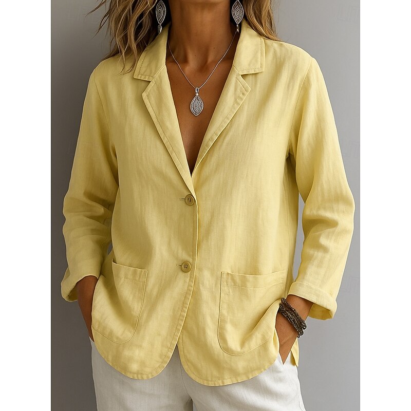 Women's Cotton Linen Blazer Solid Color Stylish Basic Casual Long Sleeve Shirt Collar Regular Tops Work Daily Buttons White Yellow Summer2