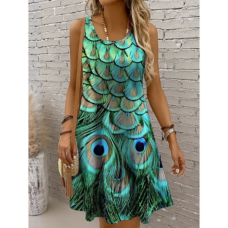 Women's Mini Dress Sundress A Line Dress Off The Shoulder Dress Vacation Casual Boho Holiday Beach Regular Fit Graphic Animal Sleeveless Crew Neck Yellow Red Blue Purple Summer Spring