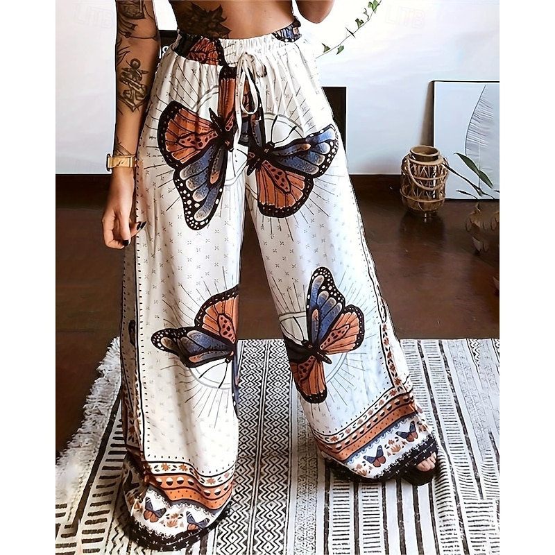 Women's Wide Leg Slacks Streetwear Casual Full Length Natural Butterfly Pocket Drawstring Print Comfortable Outdoor Vacation Street Black White Fall Regular Fit