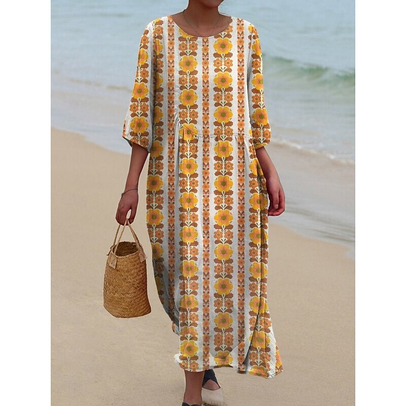 Women's Midi Dress Casual Dress Print Dress Vintage African Daily Beach Weekend Regular Fit Floral Graphic 3/4 Length Sleeve Crew Neck Yellow Red Orange Spring Fall Autumn2
