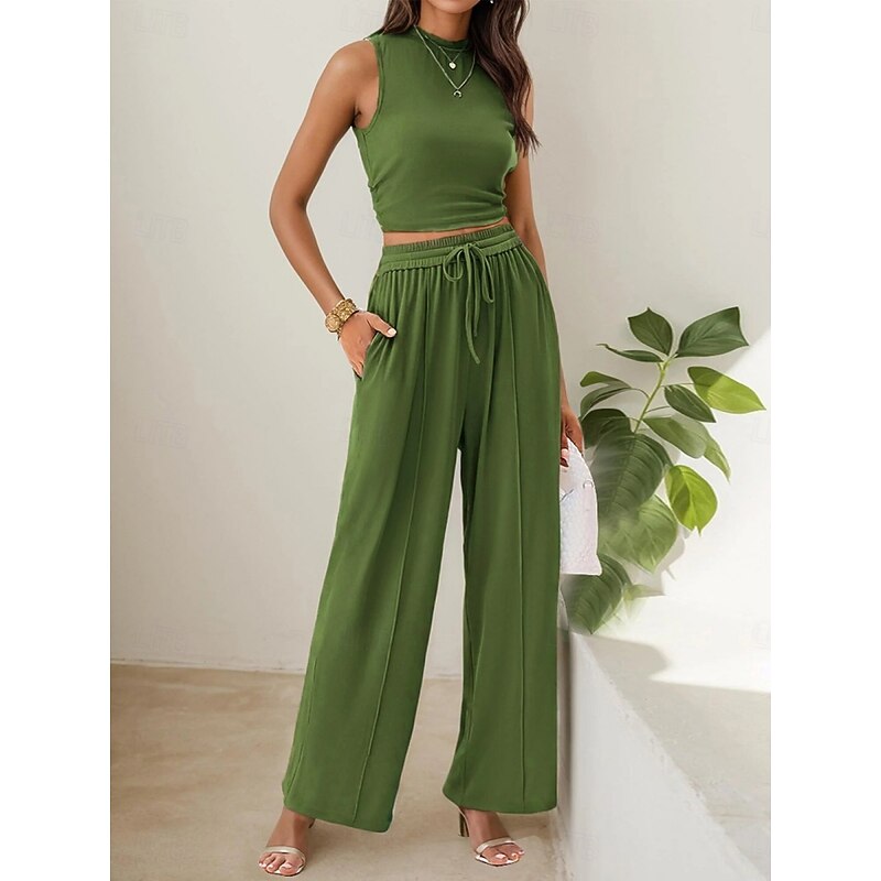 Women's Fashion Streetwear Daily Pants Sets Sleeveless Crew Neck Solid Color Drawstring Casual Daily Blue Orange Brown Summer Regular Fit2