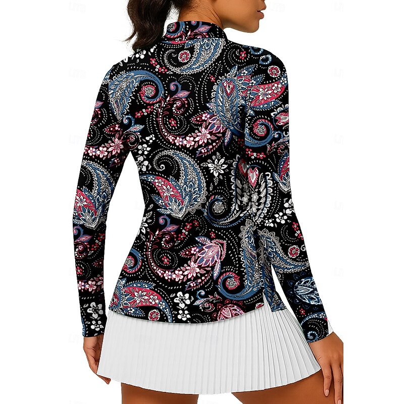 Women's Paisley Tops Golf Polo Shirt Tennis Shirt Tennis Tee Long Sleeve Print Quarter Zip Pullover UPF50+ UV Protection Elastic Breathable Tennis Golf Pickleball Stand Collar Zip Collar Shirt Polo2