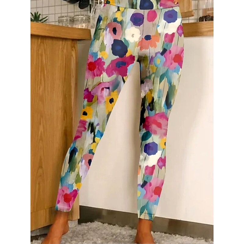 Women's Leggings Vacation Vintage Ethnic Style Ankle-Length High Waist Floral Graphic 3D Print Soft Comfortable Stretchy Outdoor Home Causal Rose Pink Spring Fall Slim Fit4
