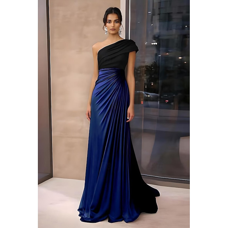 Black Tie Mermaid / Trumpet Evening Gown Elegant Dress Formal Wedding Floor Length Sleeveless One Shoulder Stretch Crepe Satin with Ruched2