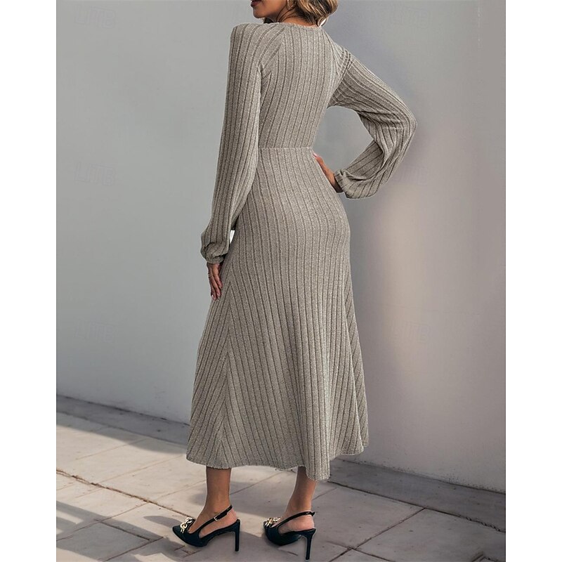 Women's Midi Dress Knit Dress Casual Dress Fashion Modern Daily Date Weekend Regular Fit Plain Long Sleeve V Neck Khaki Fall Winter2