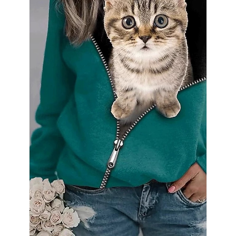 Women's Pullover Sweatshirt Hoodies Graphic Animal Cat Fashion Casual Long Sleeve Crew Neck Round Neck Regular Tops Street Dailywear Print Dark Green Spring Fall Winter3