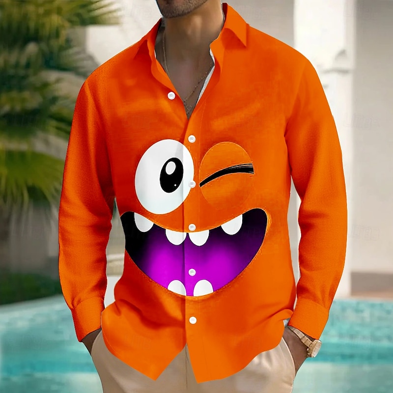 Men's Cartoon Funny Smile Face Shirt Button Up Shirt Long Sleeve Fashion Casual Outdoor Daily Streetwear Spring Fall Turndown 3D Print Front One Pocket Linen Like Shirt Red Orange Green Dark Blue