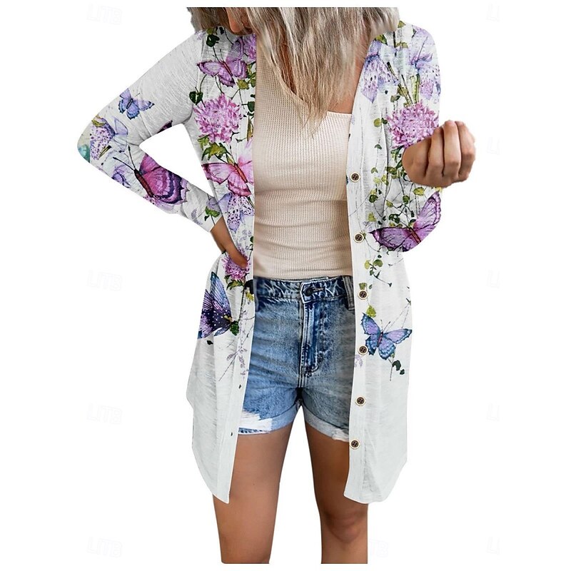 Women's Casual Jacket Comfortable Breathable Print Casual Butterfly Vacation Street Casual Daily Wear Single Breasted Long V Neck Regular Fit Long Sleeve Outerwear White Red Purple Summer Spring