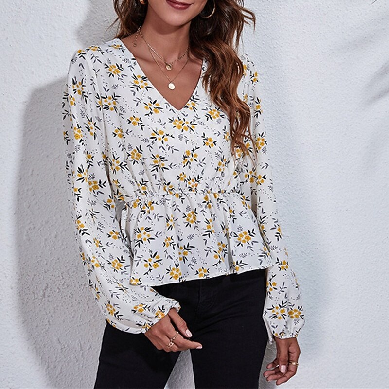 Women's Summer Tops Floral Daily Stylish Basic Long Sleeve Lantern Sleeve V Neck Regular Tops Work Daily Holiday Print White Summer Spring4
