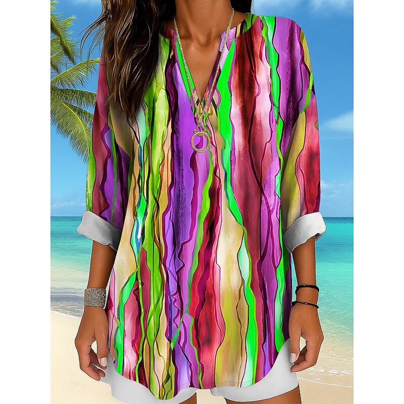 Women's Shirt Cotton Linen Shirt Long Sleeve Tunic Blouse Ombre Graphic Geometric Daily Hawaiian Business Long Sleeve V Neck Regular Tops Work Daily Holiday Buttons Print Black And White4