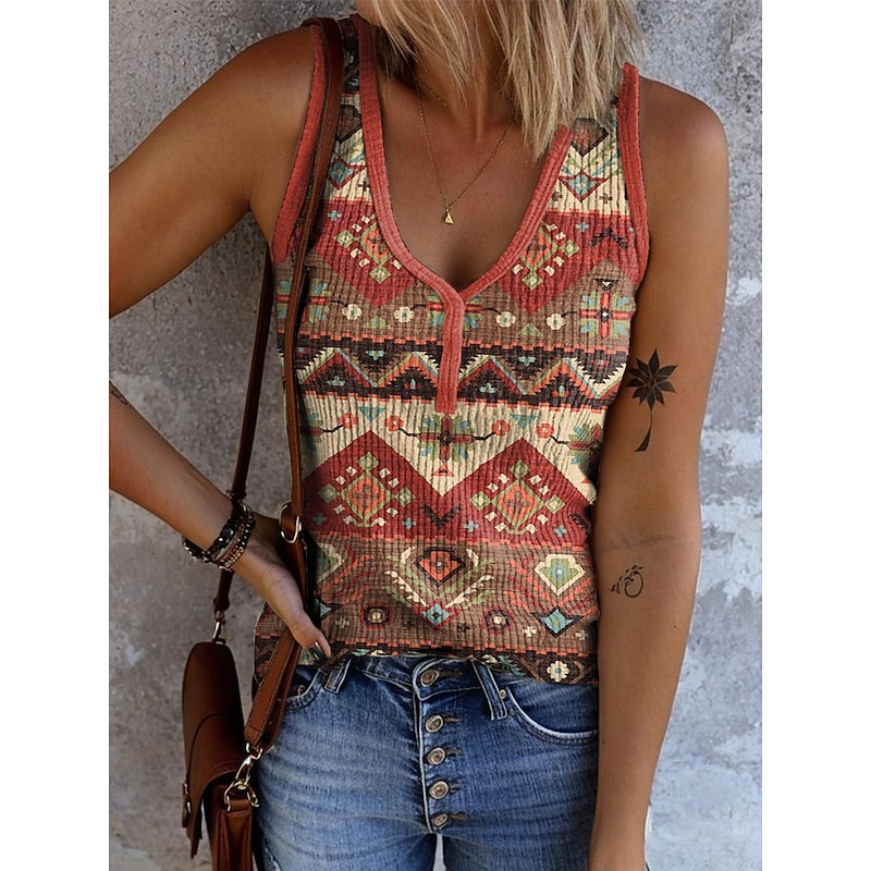 Women's Camisole Tank Top Graphic Geometric Vintage Stylish Ethnic Sleeveless V Neck Regular Tops Daily Print Sage Green Light Brown Orange Green Khaki Summer Spring3