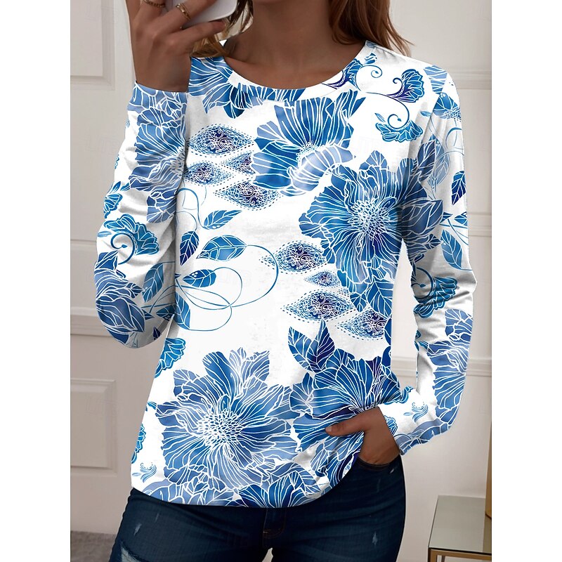 Women's T shirt Long Sleeve Crew Neck Long Sleeve Tunic Graphic Geometric Vintage Casual Regular Tops Daily Print Yellow Blue Purple Green Spring Fall Prefall3