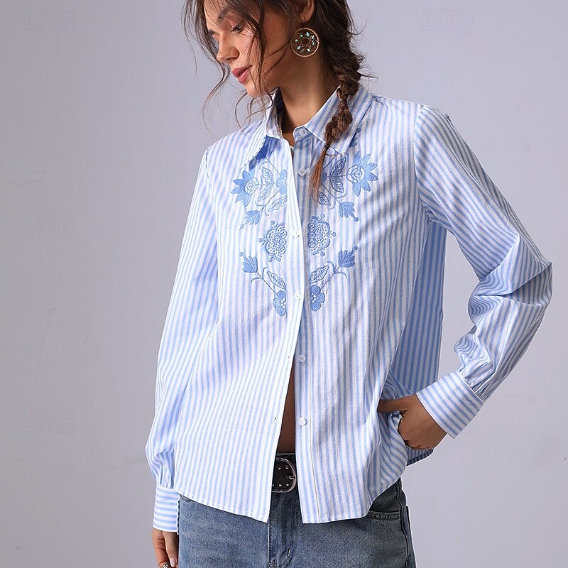 Women's Shirt Button Down Blouse Floral Striped Elegant Bohemia Vintage Long Sleeve Shirt Button Down Blouse Collar Regular Tops Work Daily Holiday Embroidered 1# Original light blue-BLUE4