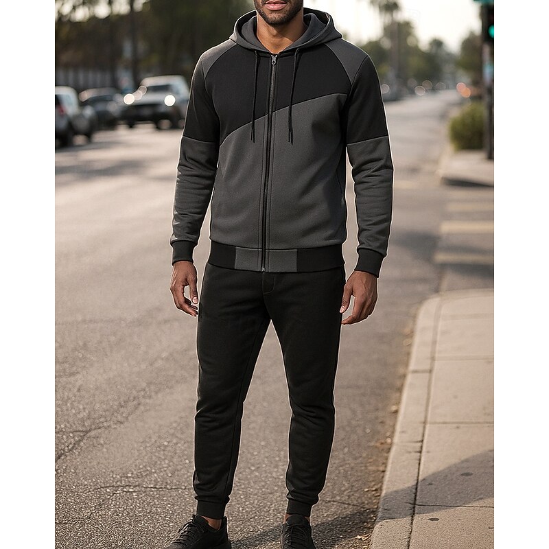 Men's Tracksuit Sweatpants Hooded Jacket Drawstring Hooded Color Block Clothing Suit Fall & Winter White Red Gym Training Running Windproof Long Sleeve Sport Activewear Micro-elastic Regular Fit