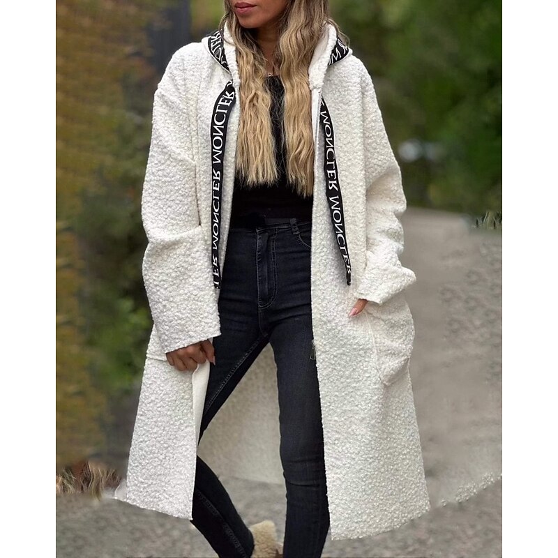 Women's Coat Warm Comfortable Pocket Fashion Letter Going out Weekend Zipper Long Hooded Regular Fit Long Sleeve Outerwear Rose Gold Black White Fall Winter3