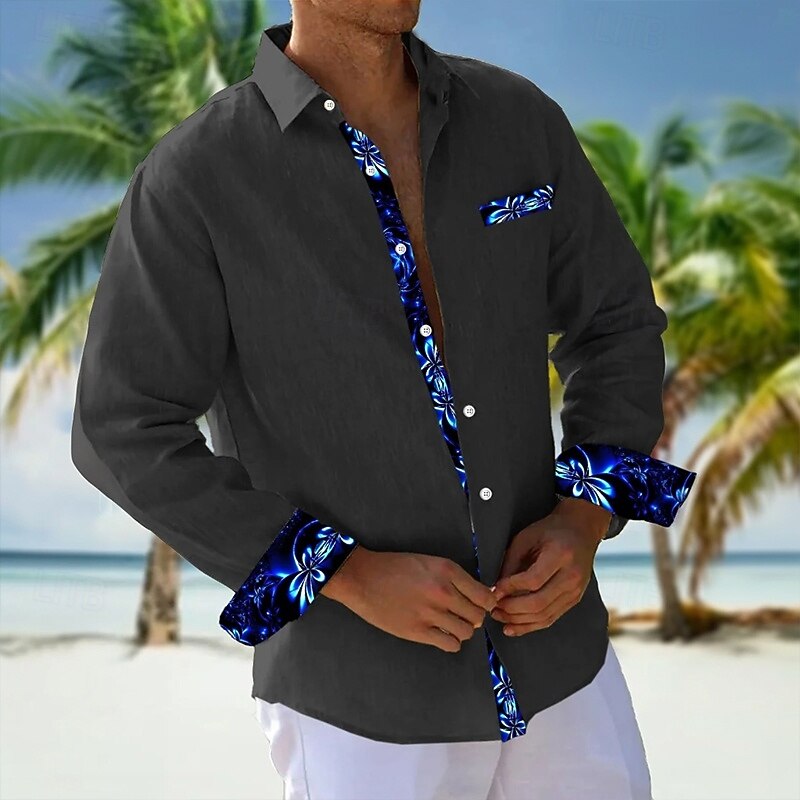 Men's Floral Print Neon Flowers Shirt Button Up Shirt Long Sleeve Fashion Casual Vacation Daily Streetwear Spring Fall Turndown 3D Print Collared Shirts Front One Pocket Black Blue
