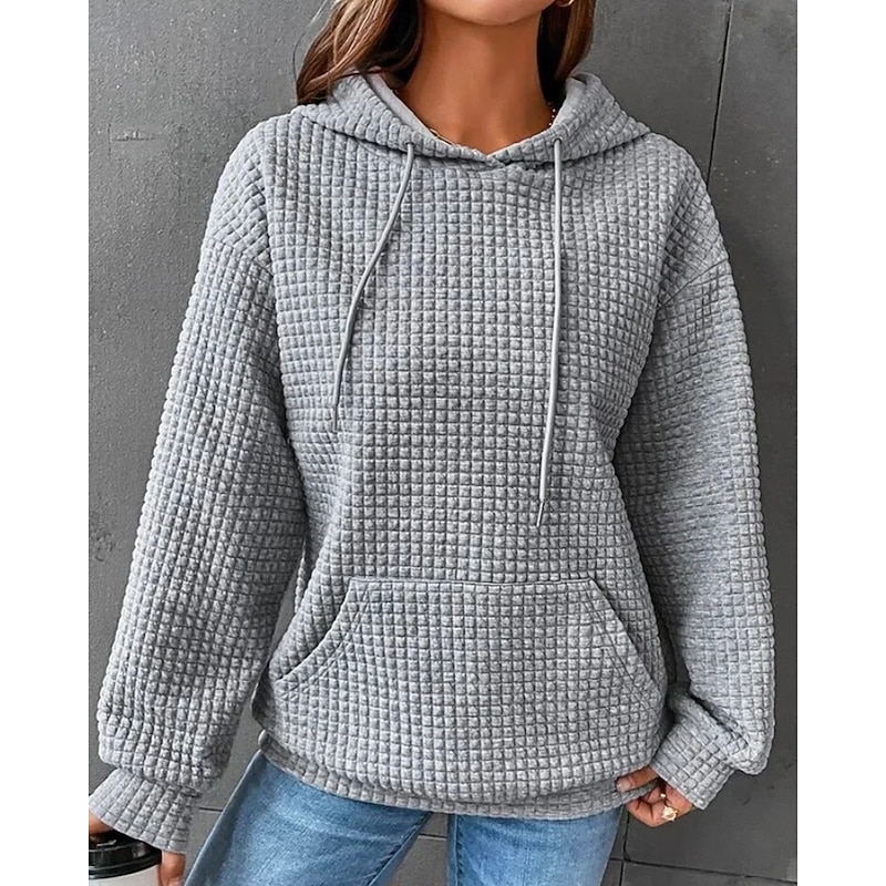 Women's Texture Sweatshirt Waffle Sweatshirt  Pullover Hoodie Sweatshirt Plain Streetwear Casual Long Sleeve Hooded Regular Tops Holiday Going out Pocket Black White Gray Fall Winter