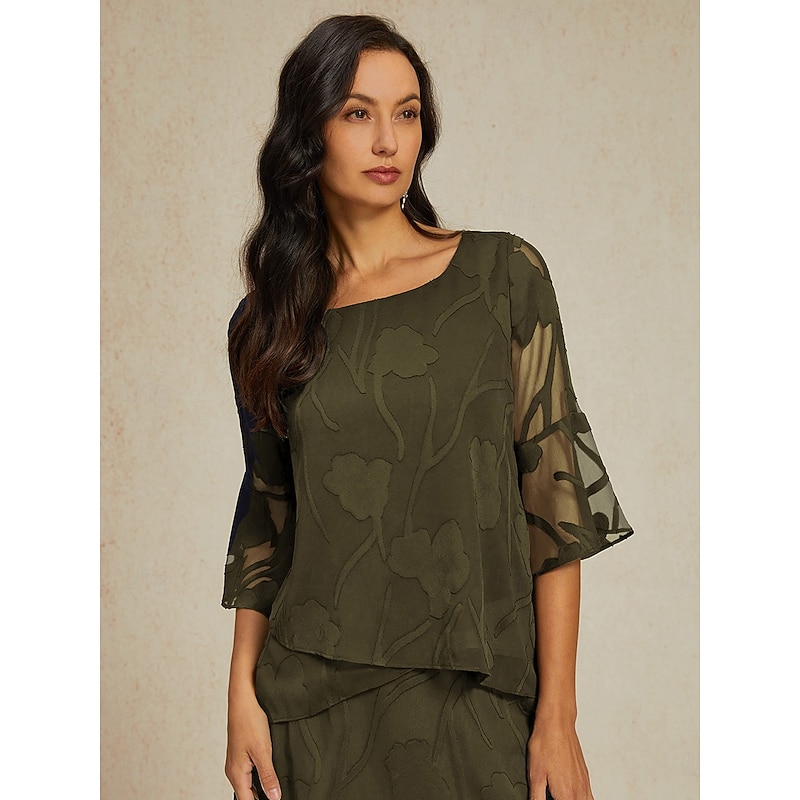 Women's Lace Shirt Blouse Dressy Tops Chiffon Tops Solid Color Floral Flower Elegant Stylish 3/4 Length Sleeve Bell Sleeve Boat Neck Regular Tops Wedding Guest Work Daily Asymmetric Hem Olive Summer