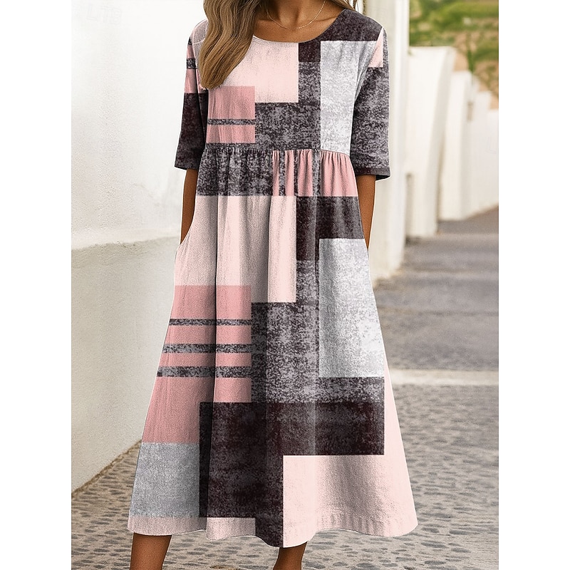 Women's Midi Dress A Line Dress Summer Dress Vacation Casual Holiday Regular Fit Graphic Geometric Half Sleeve Crew Neck Pink Red Blue Green Summer Spring
