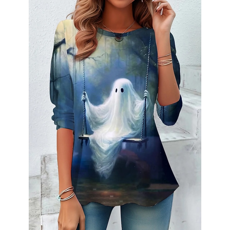 Halloween Women's T shirt Ghost Long Sleeve Crew Neck Long Sleeve Tunic Graphic Witch Vintage Stylish Round Neck Regular Tops Daily Weekend Print Blue Green Gray Fall Prefall
