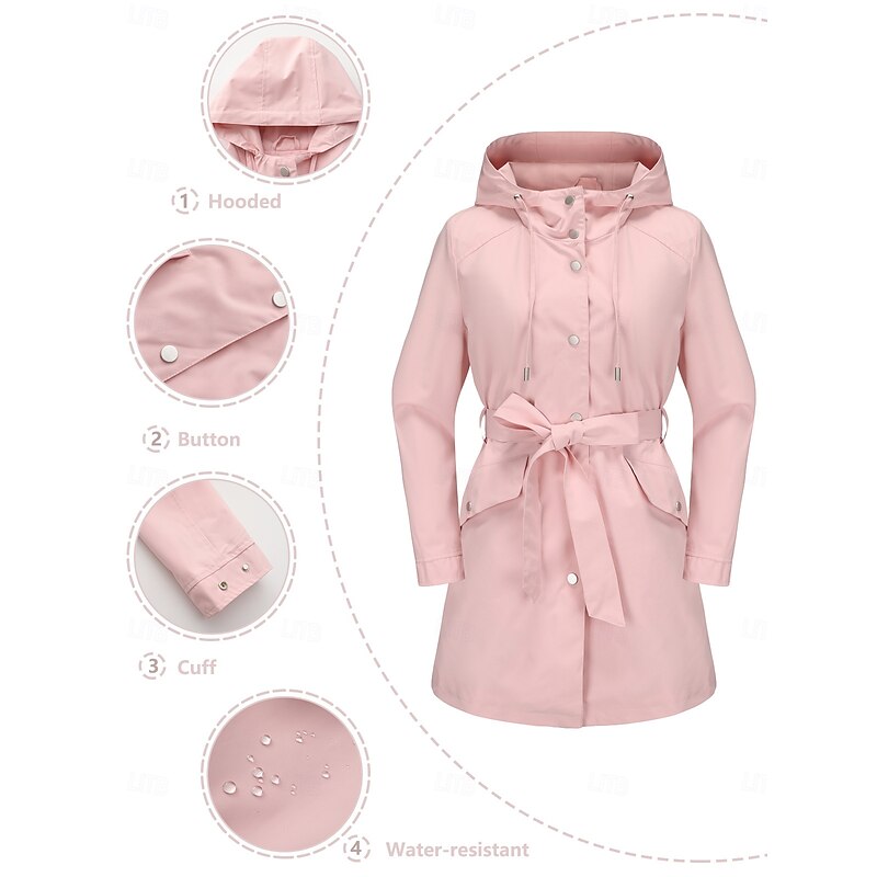 Women's Coat Waterproof Comfortable Pocket Buttons Fashion Street Style Plain Outdoor Casual Daily Long Hooded Regular Fit Long Sleeve Outerwear Black White Pink Spring Fall2