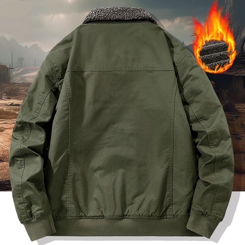 Men Outdoor Jacket Bomber Jacket Padded Sherpa Training Outdoor Thermal Warm Windbreaker Fleece Collar Winter Solid Color Casual Regular Black Dark Green Khaki Jacket4
