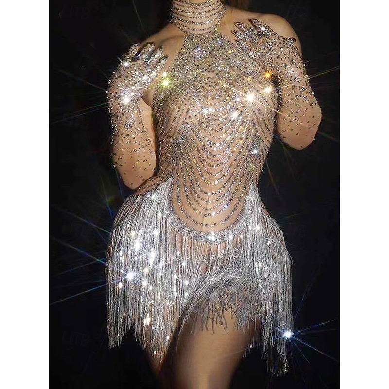 Shining Rhinestone Tassel Dance Costume Sexy Women Mesh Dress Singer Dancer Stage Wear Party Carnival Outfit2