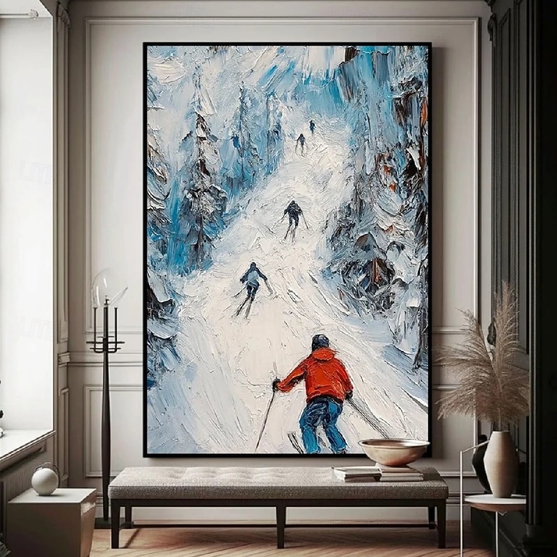 Handmade Skiing Snow Oil Painting Hand Painted Skiing Snow Oil Painting Wall Modern Abstract Ski Sport Painting Canvas Painting Home Decoration Decor White Snow Skiing Painting for bedroom living room3