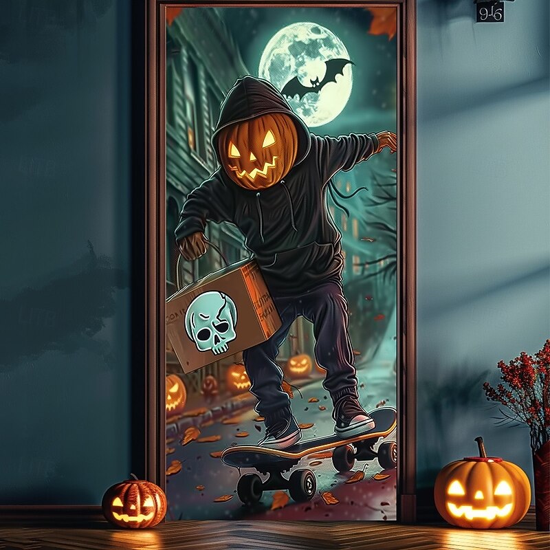 Halloween Door Cover – Pumpkin Head Skeleton under Full Moon, Haunted House Entrance Banner, Scary Outdoor & Indoor Decoration for 2025 Halloween Bedroom, Living Room, Bathroom2