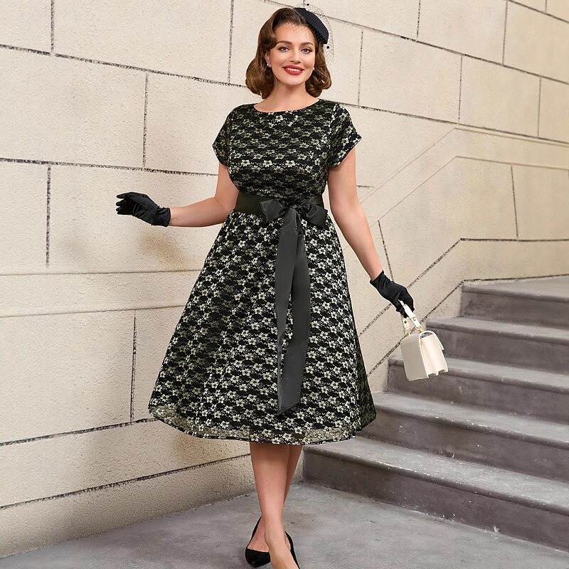 Retro Vintage 1950s Rockabilly Cocktail Dress A Line Dress Flare Dress Plus Size Floral A-Line Round Neck Fancy Dress Women's Vacation Party & Evening Retro Theme Party Adults Dress Spring & Summer