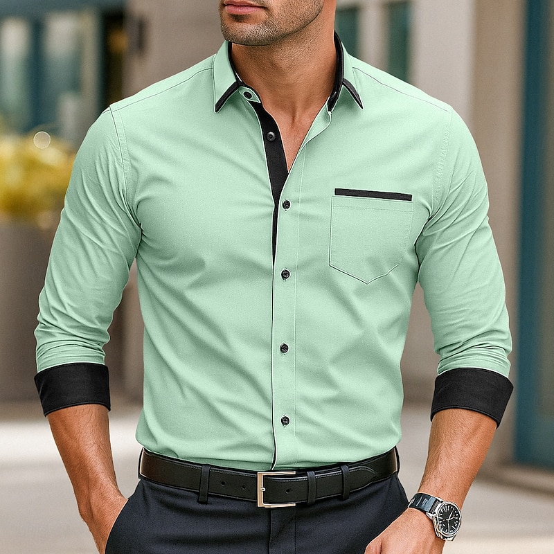 Men's Shirt Dress Shirt Button Down Shirt Non Iron Shirt Button Up Shirt Color Block Wedding Daily Light Blue Black White Light Green Long Sleeve Collar Spring &  Fall All Seasons Clothing Apparel