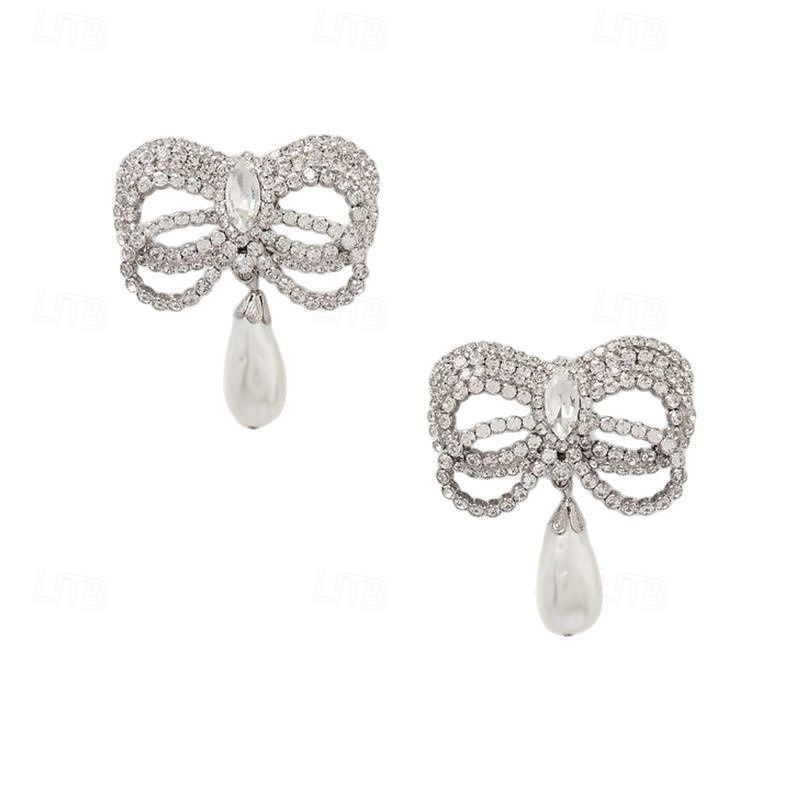 Women's Stud Earrings Geometrical Drop Precious Bowknot Elegant Fashion Pearl Earrings Jewelry Silver For Wedding Party Gift 1 Pair4