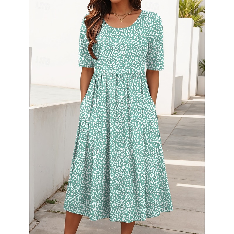 Women's Midi Dress Summer Dress Pleated Dress Vacation Casual Holiday Regular Fit Graphic Geometric Half Sleeve Crew Neck Black Pink Burgundy Purple Summer Spring2