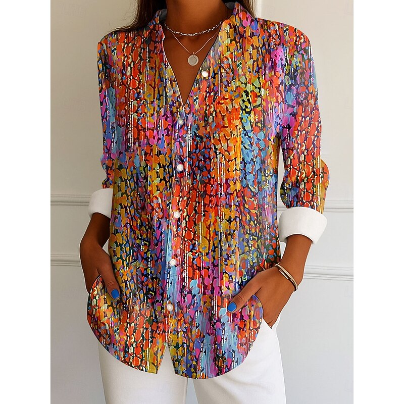 Women's Shirt Button Down Tunic Shirt Collar Long Sleeve Ombre Graphic Elegant Vintage Tropical Regular Tops Work Daily s Print Blue Purple Orange Green Spring3