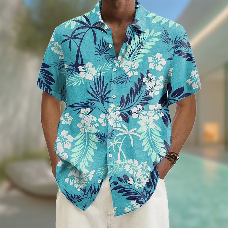 Men's Floral Print Tropical Flowers Summer Hawaiian Shirt Button Up Shirt Aloha Shirt Short Sleeve Hawaiian Vacation Beach Wear Summer Spring Turndown 3D Print Collared Shirts Red Blue Sky Blue Green
