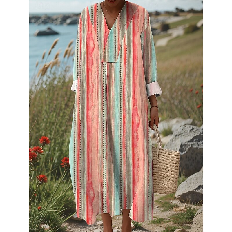Women's Midi Dress V Neck Long Sleeve Kaftan Lightweight Loose Fit Shift Dress Casual Going out Loose Fit Graphic Geometric Long Sleeve V Neck Pink Blue Green Fall3
