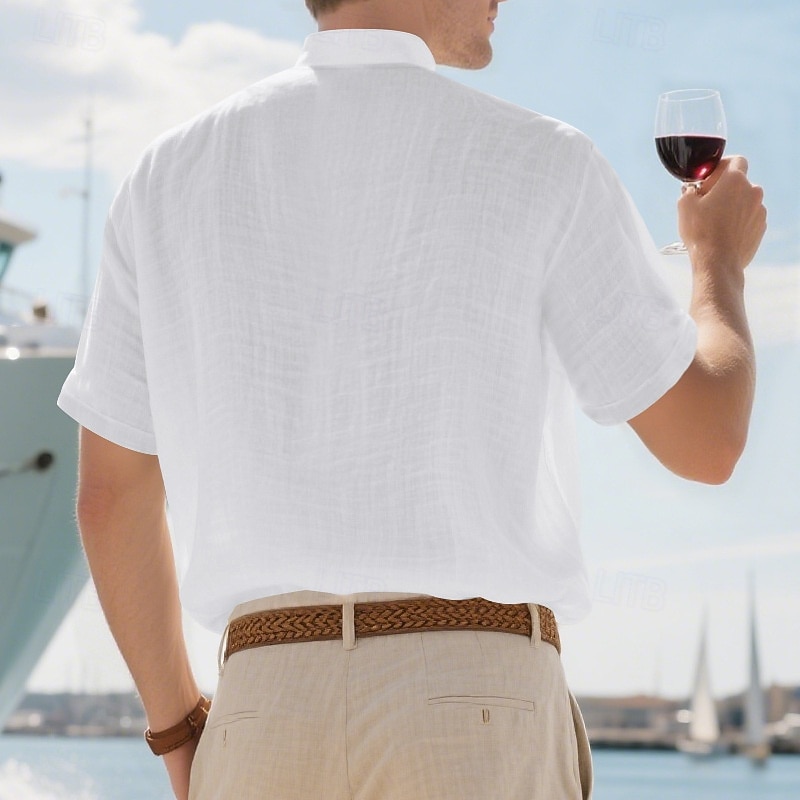 Men's Shirt Linen Shirt Popover Shirt Casual Shirt Cotton Shirt Plain Vacation Street Black White Khaki Light Blue Short Sleeve Band Collar Summer Clothing Apparel3