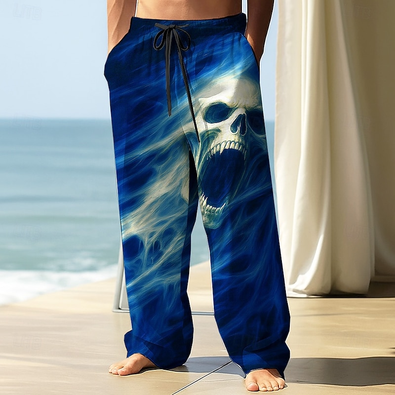 Men's Trousers Baggy Pants Casual Pants Elastic Drawstring Waist Linen-Like Pants with Pockets Skull Death Halloween Costumes Full Length Outdoor Holiday Dark Punk Gothic Style Black Red Micro-elastic2