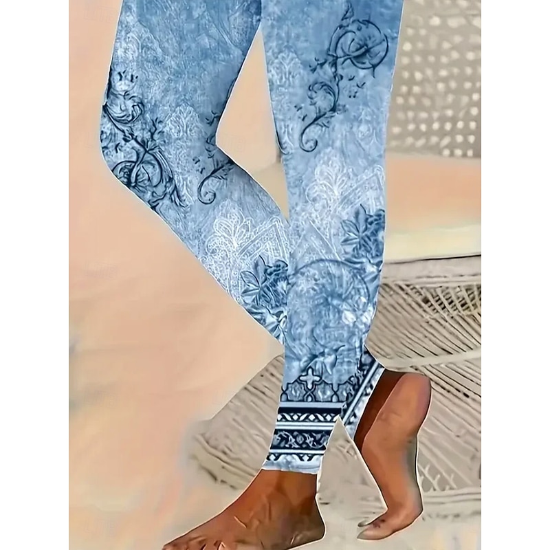 Women's Leggings Vacation Vintage Fashion Ankle-Length High Waist Floral Graphic Paisley Printing Soft Breathable High Elasticity Outdoor Daily Navy Light Blue Spring Fall Winter Slim Fit3