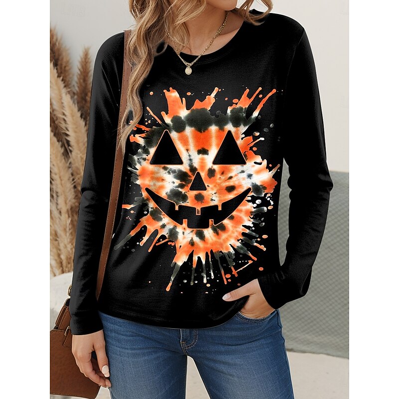 Halloween Women's T shirt Pumpkin Long Sleeve Crew Neck Long Sleeve Tunic Graphic Vintage Stylish Classic Regular Tops Daily Weekend Print Black Red Fuchsia Orange Spring Fall Prefall4