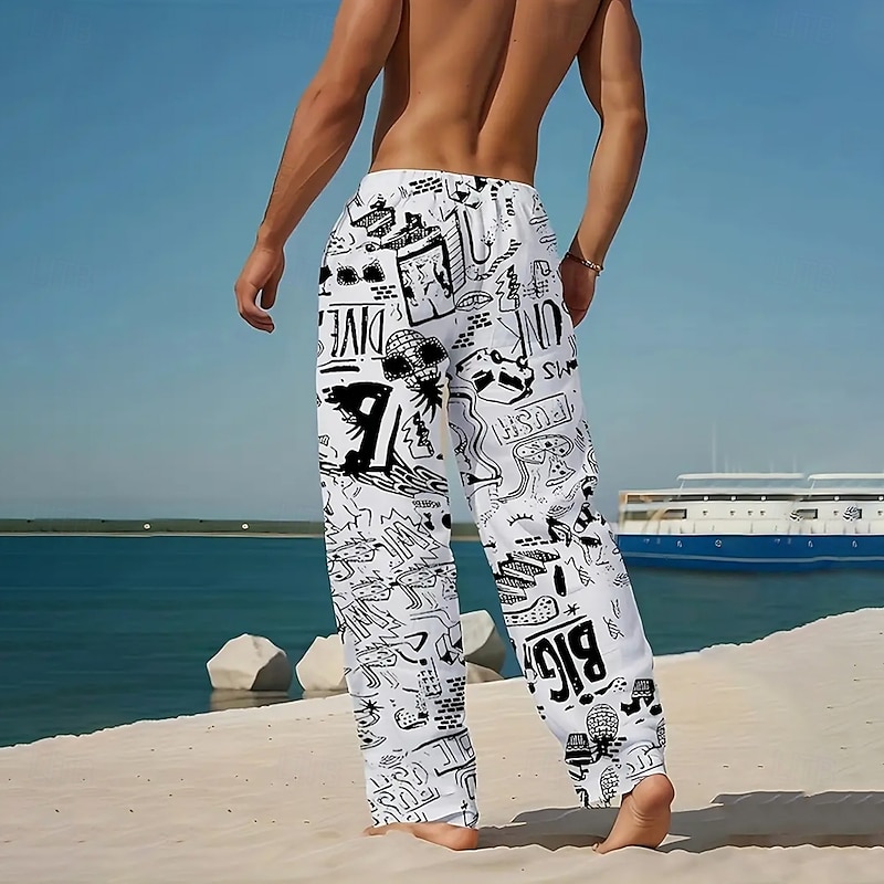 Men's Abstract Art Line Drawing Trousers Baggy Pants Casual Pants Mid Waist Casual Outdoor Vacation Elastic Drawstring Waist Linen-Like Pants with Pockets Spring Fall 3D Print White2