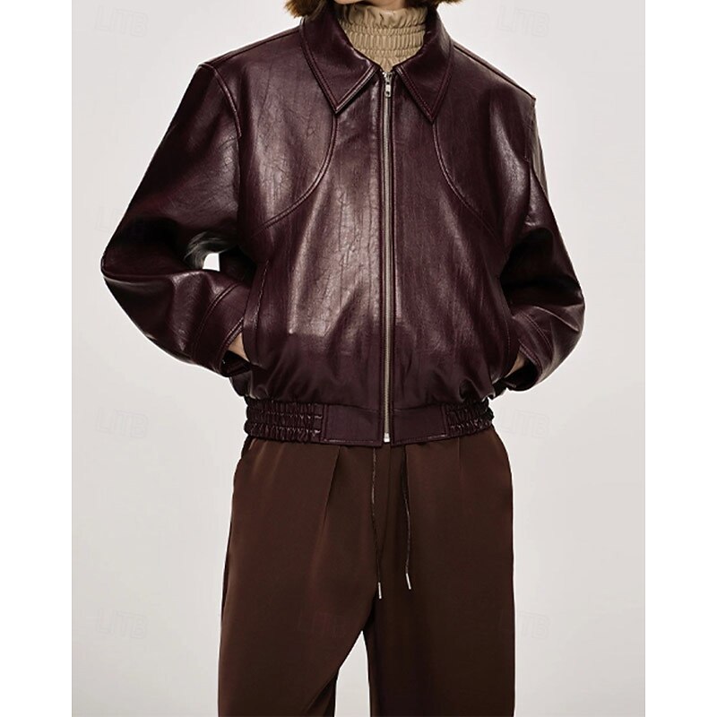 Women's Faux Leather Jacket Comfortable Zipper Fashion Plain Holiday Weekend Zipper Regular Turndown Regular Fit Long Sleeve Outerwear Wine Fall Winter2