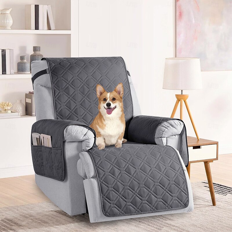 Non-Slip Quilted Recliner Cover, 100% Waterproof Recliner Chair Slipcover Furniture Protector with Pockets, Washable Couch Cover with Elastic Straps for Kids and Pets